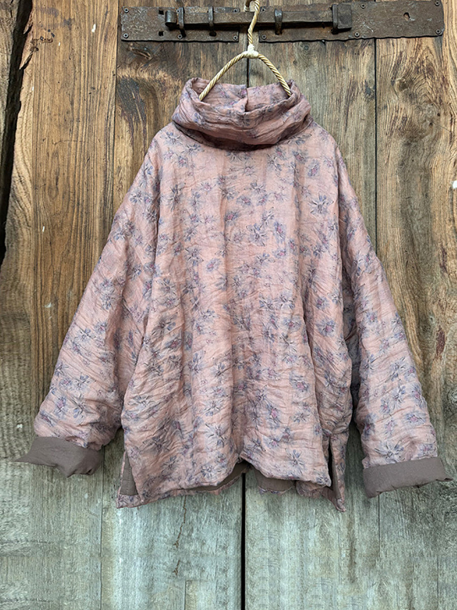 Women Vintage Autumn Floral Turtleneck Ramie Padded Coat QM029 BK