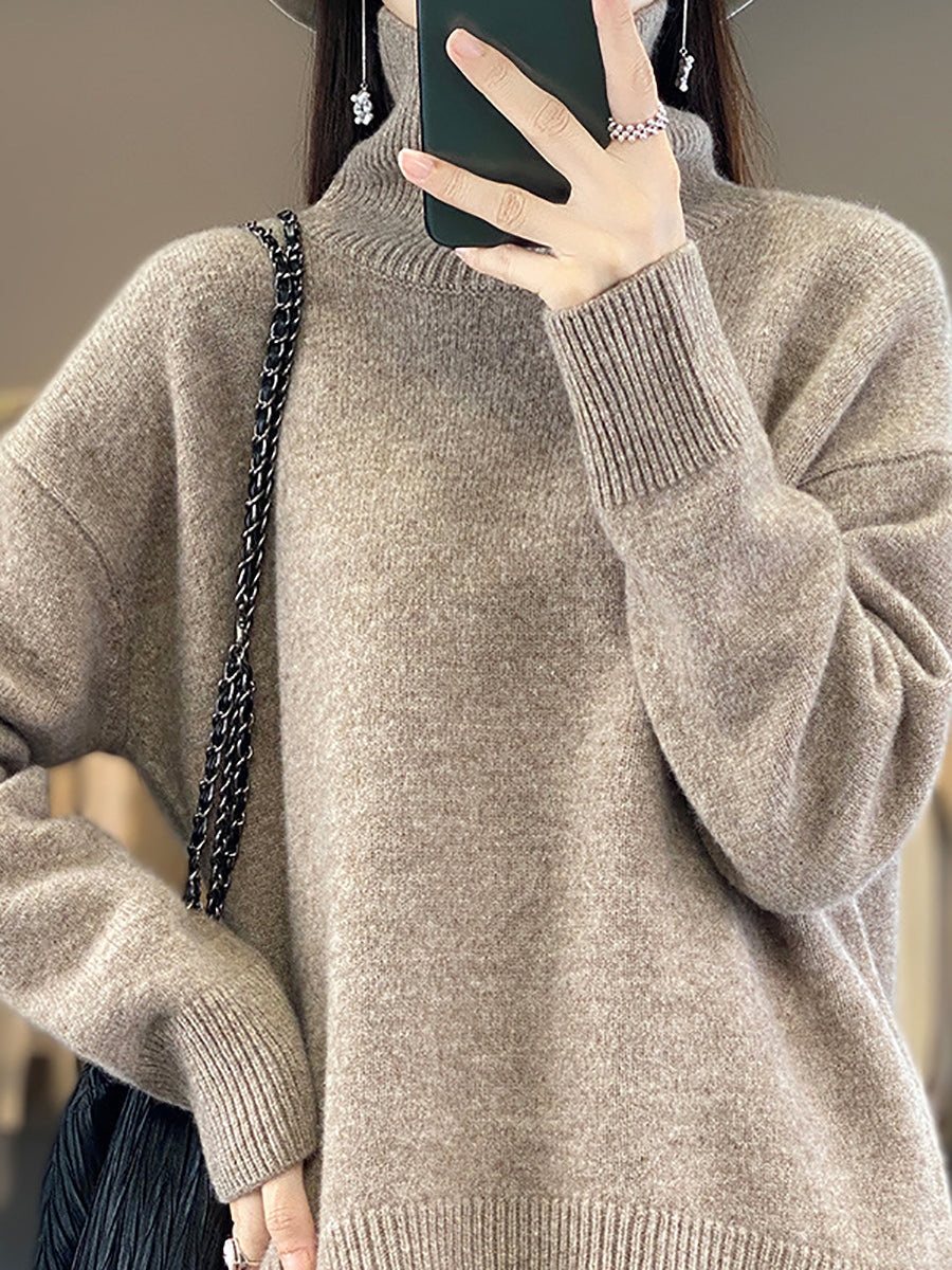 Women Autumn Casual Turtleneck Solid 100%Wool Sweater QU012 BK