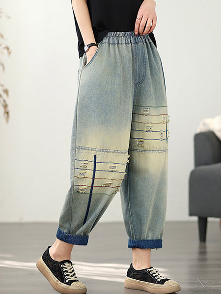 Pants Frayed Retro Denim Harem Women FashionChic