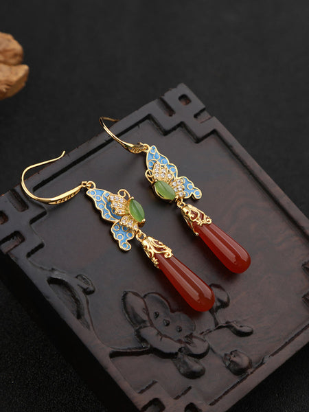 Butterfly Ethnic Enamel Earrings Women Jade S925Silver FashionChic