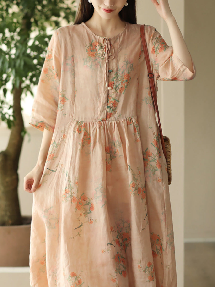 Women Summer Artsy Floral O-Neck Ramie Dress FD015 BUYKUD