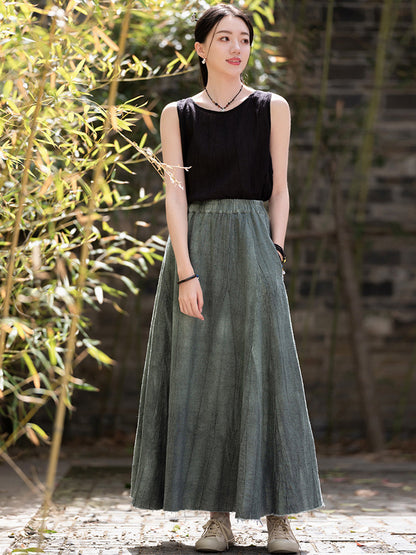 Women Summer Solid Vintage Linen A-Shape Skirt OO1003 BUYKUD