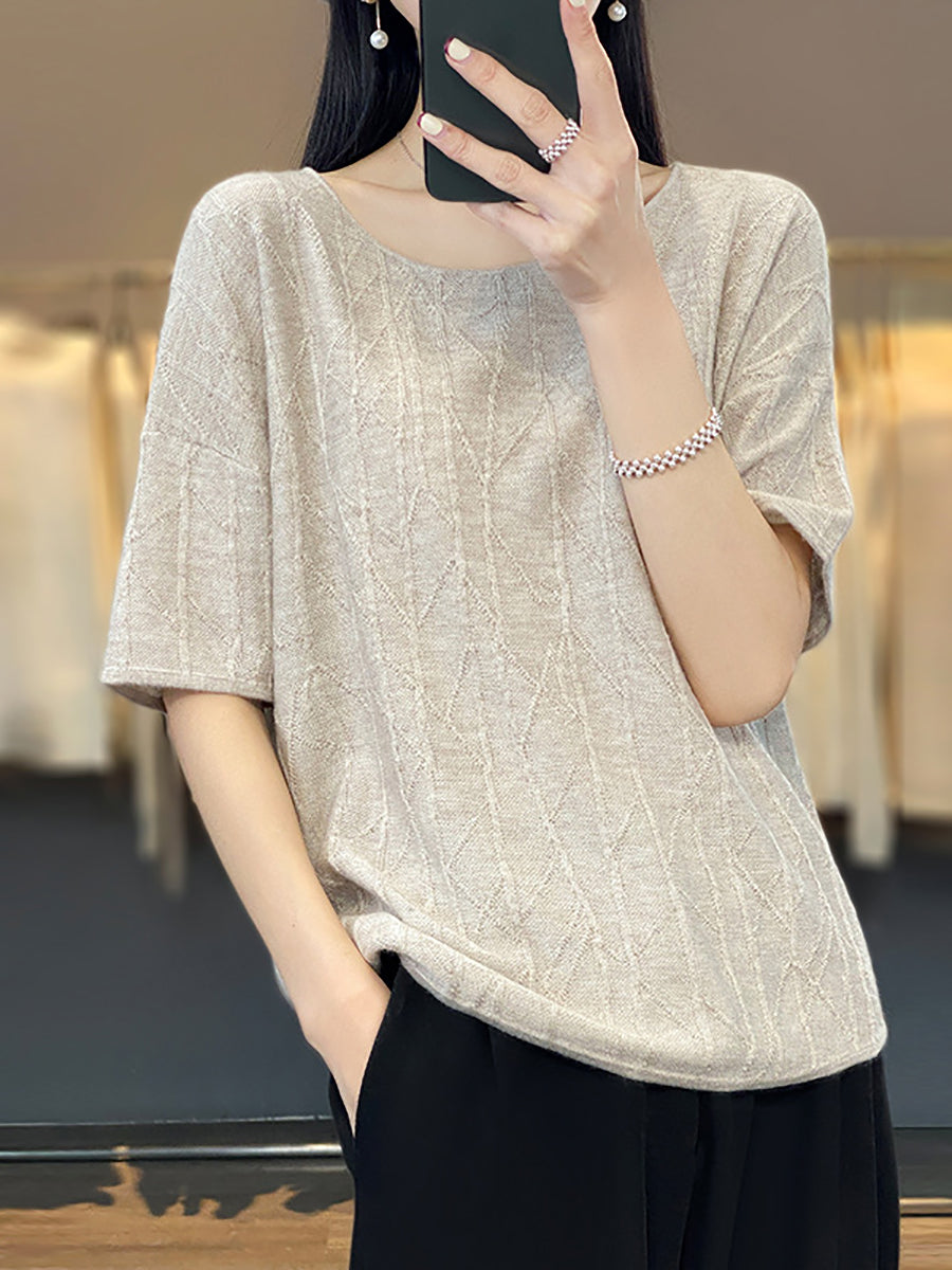 Women Summer Solid Jacquard Loose Half-Sleeve Shirt WE1033 Ada Fashion