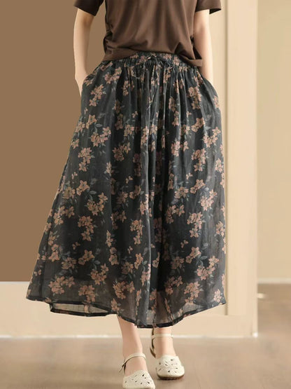 Women Vintage Summer Flower Ramie Loose Skirt QW1006 Ada Fashion