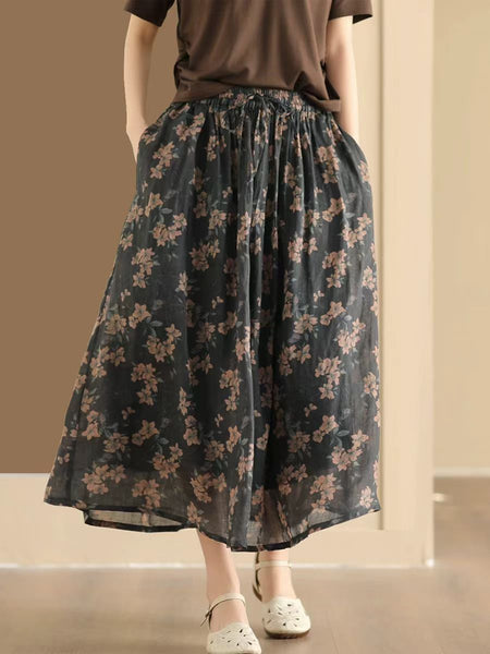 Women Vintage Summer Flower Ramie Loose Skirt QW1006 Ada Fashion
