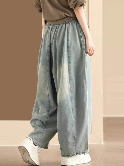 Women Vintage Washed Spliced Denim Wide-leg Pants QW1007 Ada Fashion