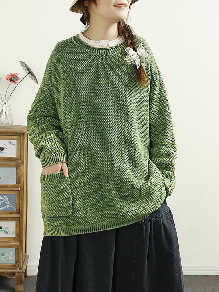 Women Casual Autumn O-Neck Solid Knit Sweater AT1025 BUYKUD