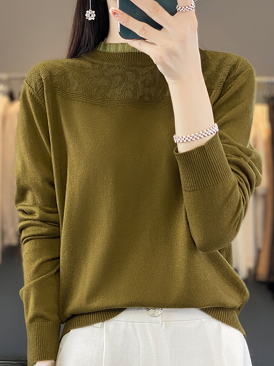 Women Autumn Lacework Neck 100%Wool Loose Sweater QM020 BK