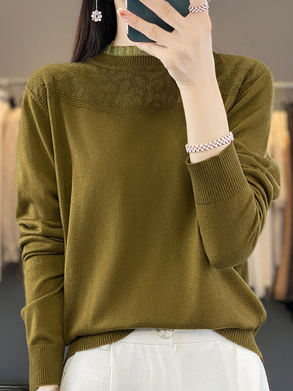 Women Autumn Lacework Neck 100%Wool Loose Sweater QM020 BK