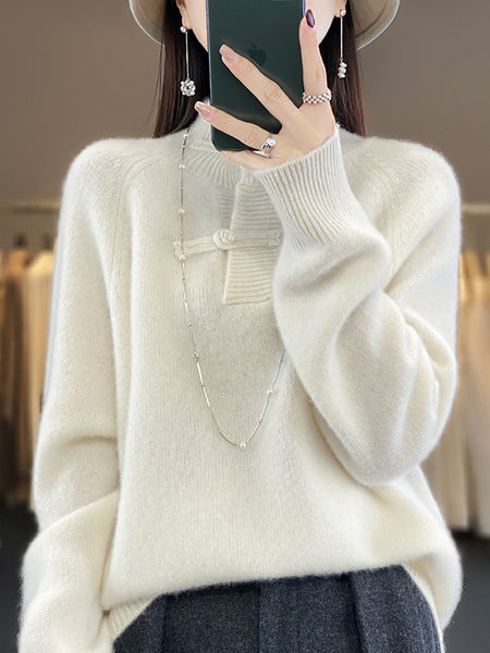 Women Autumn Vintage Half-Turtleneck 100%Wool Buckle Sweater BA1040 Genistyle Shop