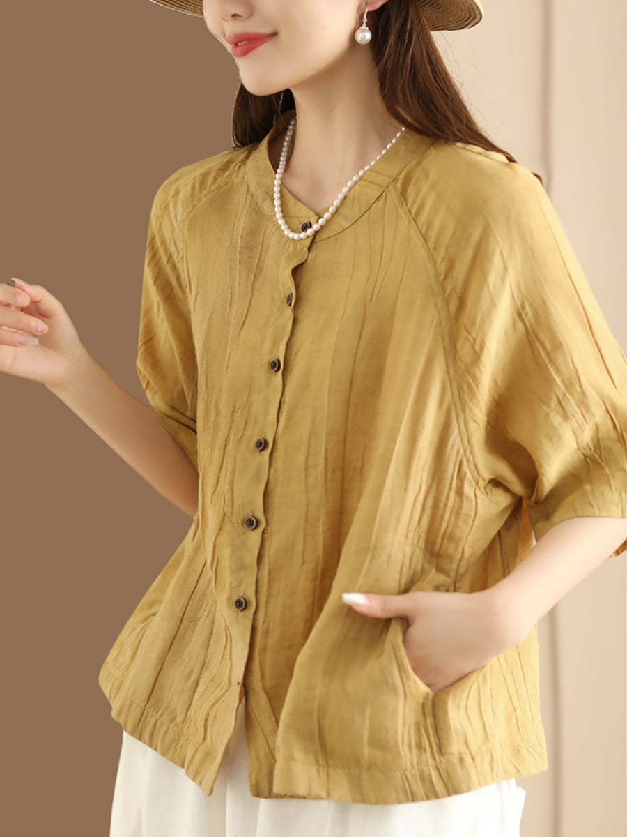 Women Summer Retro Solid Linen Button-up Shirt XX1012 Ada Fashion