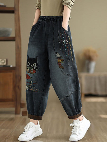 Women Autumn Casual Cat Patch Spliced Denim Harem Pants AV1004 Genistyle Shop