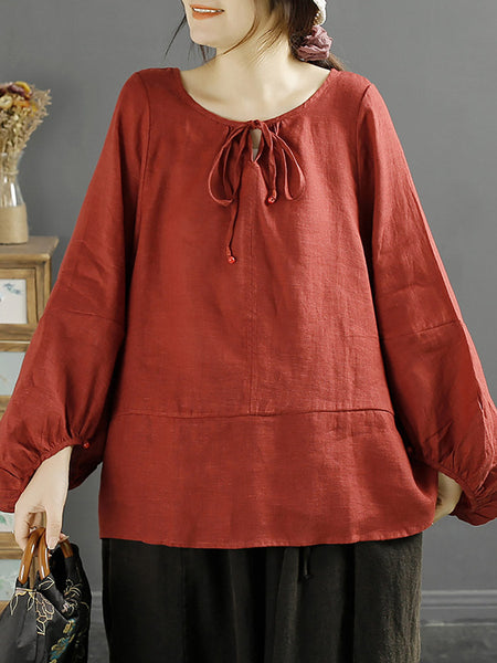 Plus Size Women Autumn O-Neck 100%Linen Loose Blouse AK1001 Genistyle Shop