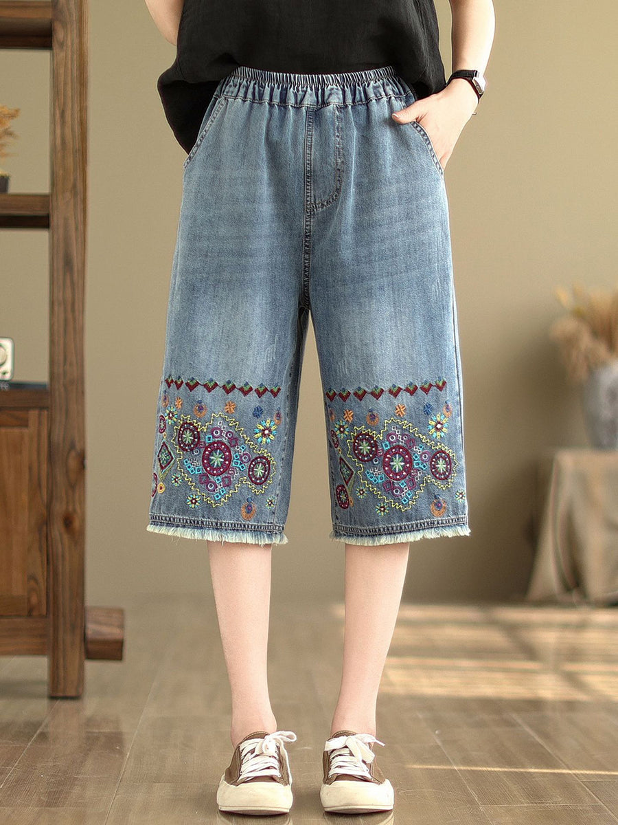 Women Summer Embroidery Knee-Length Denim Pants IO1023 Ada Fashion