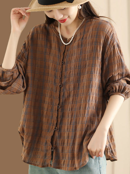 Women Vintage Spring Plaid Ramie Button Up Blouse CO1044 Ada Fashion