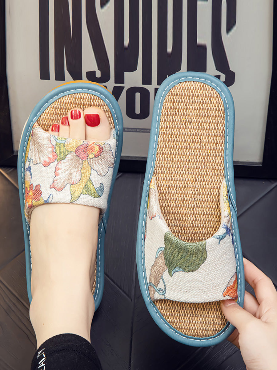 Summer Couple Linen Flower Print Indoor Flat Slippers CC008 BUYKUD