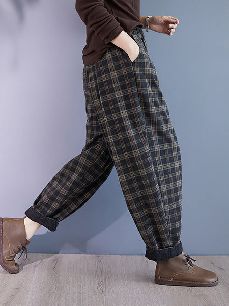 Women Autumn Retro Plaid Thick Cotton Harem Pants BA1036 Genistyle Shop