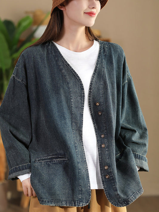 Women Autumn Vintage Pure Color V-Neck Denim Coat AT1039 BUYKUD