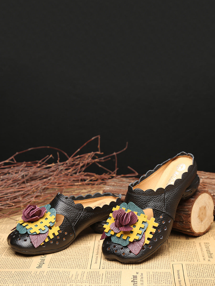 Women Summer Ethnic Leather Flower Spliced Low Heel Sandals FD014 TOYA