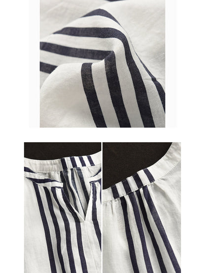 Women Summer Artsy Stripe V-Neck Thin Linen Shirt CV1053 Ada Fashion