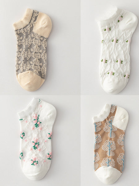 4 Pairs Women Summer Artsy Flower Jacquard Socks AS1009 Ada Fashion