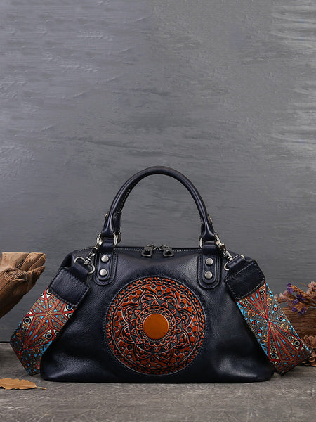 Women Leather Flower Spliced Capacity Hand Bag Shoulder Bag AX1007 Genistyle Shop