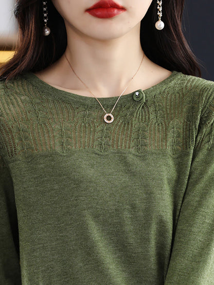 Women Autumn Solid Knit 100%Wool O-Neck Sweater QM019 BK