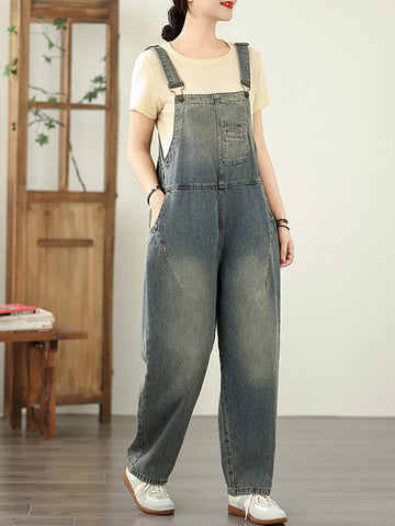 Color Straight Women Pure Denim Jumpsuits Casual Summer FashionChic