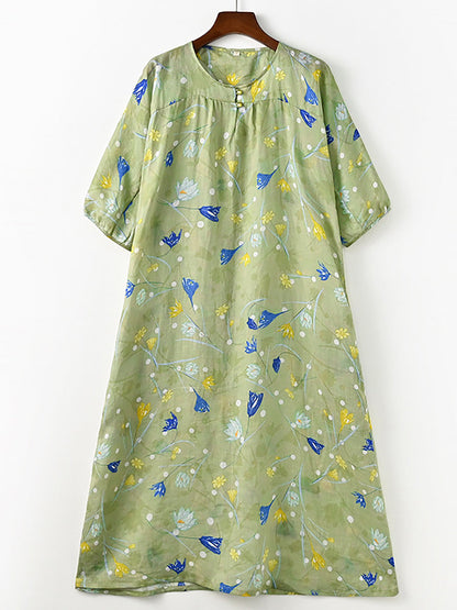Women Summer Artsy Flower Print Loose Ramie Dress OO1025 QMCJ