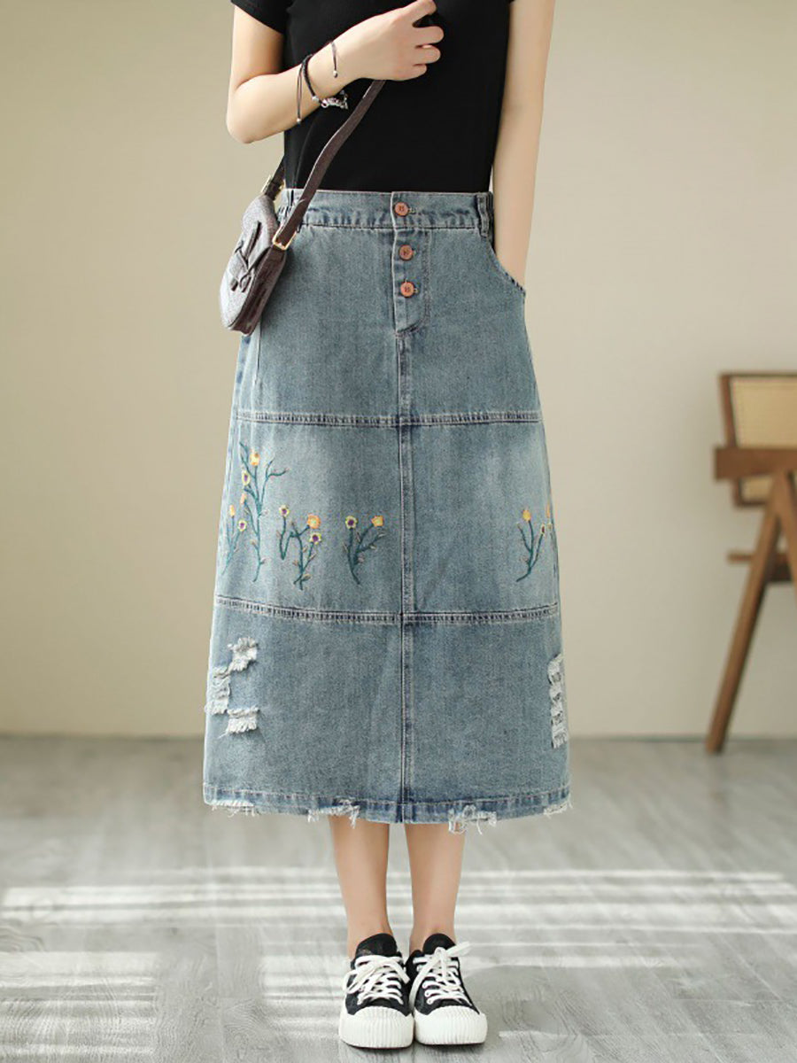 Women Summer Flower Embroidery Frayed Denim Skirt AS1041 Ada Fashion