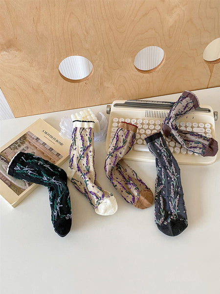 5 Pairs Women Flower Jacquard Colorblock Cotton Socks AH1024 ZJHK