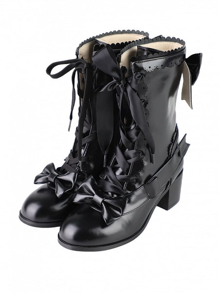 Embellishments Boots Mid-Heel - Sweet Black Bow FashionChic
