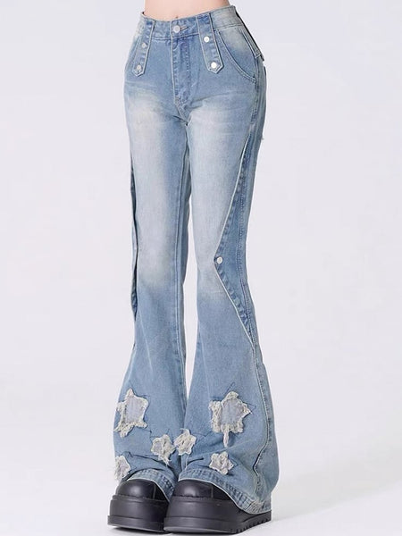 with Appliques Y2K Flare Blue/Black Jeans Star Silhouette FashionChic