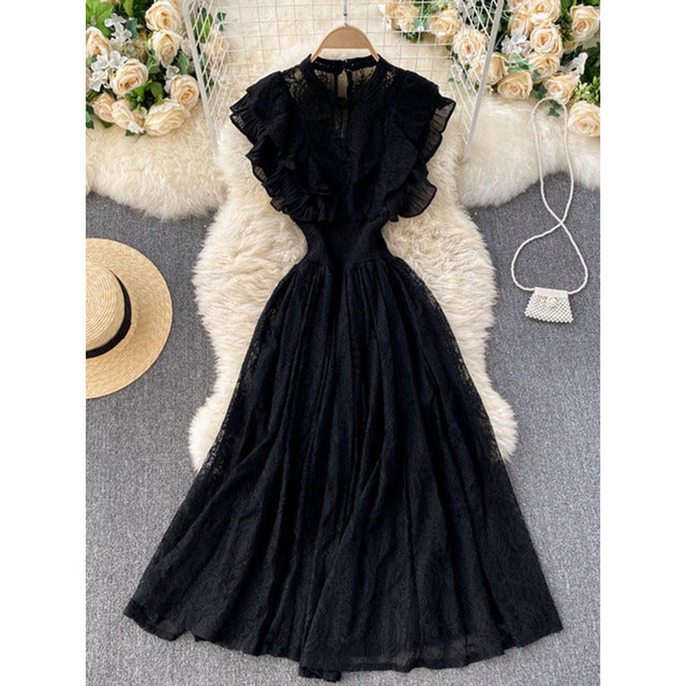 Temperament Olive Lace Ruffled Pleated Hem Flying Sleeve Dress AR1002 shopify