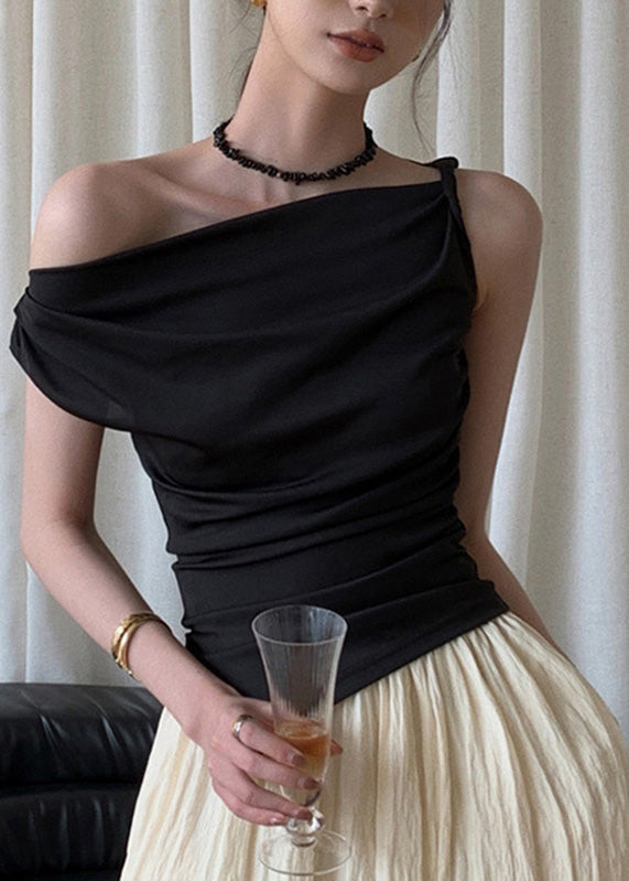 Slim Fit Black Asymmetrical Cold Shoulder Vest Summer AN1020 Genistyle Shop