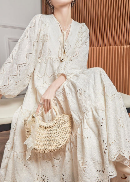 Beige V Out Hollow Lantern Cotton Neck Style Dresses French FashionChic