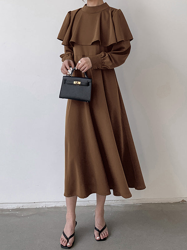 Ruffle Waist Long Mock Tied A-Line Elegant Trim Neck Coffee FashionChic