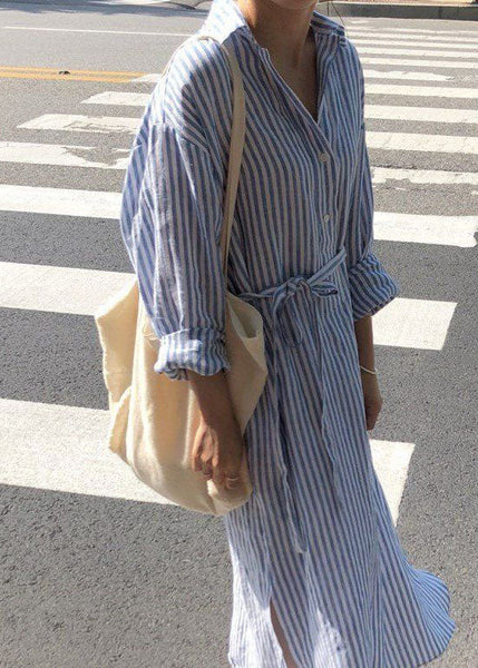 Pan Peter Dress Spring Modern Shirts Blue Collar Striped Cotton FashionChic