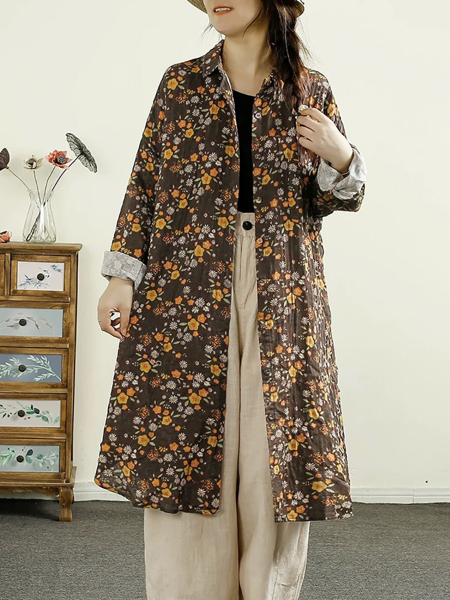 Women Vintage Autumn Flower Button-up Thin Cotton Coat AK1014 Genistyle Shop