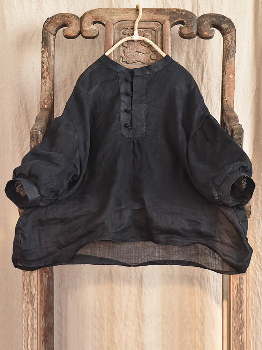 Women Vintage Solid 100%Ramie Summer Loose Shirt AS1047 QYMM