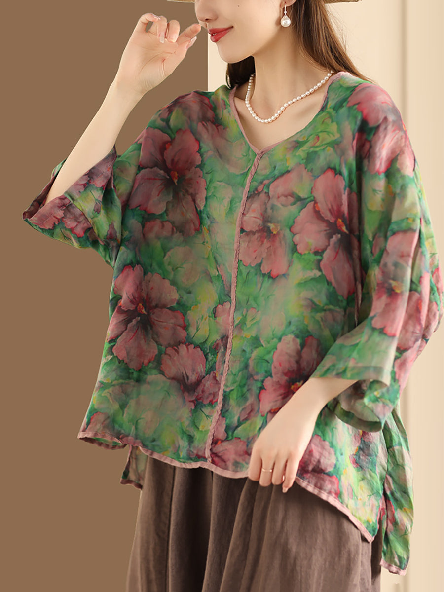 Women Vintage Floral V-Neck Linen Summer Shirt XX1014 Ada Fashion