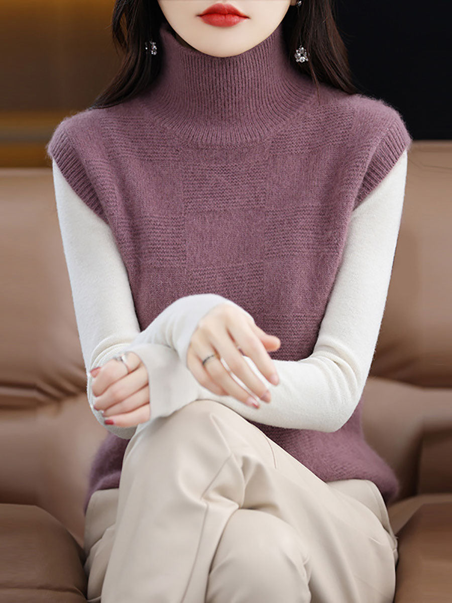 Women Casual Wool Turtleneck Plaid Knit Vest BA1016 Genistyle Shop