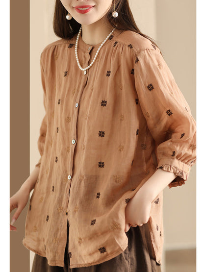 Women Spring Floral Embroidery Linen Button-Up Shirt CO1010 Ada Fashion