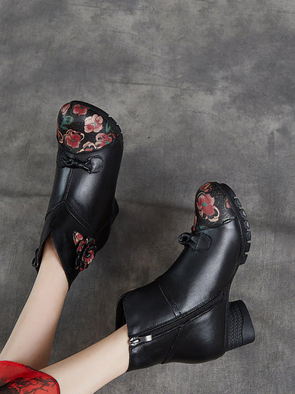 Women Ethnic Autumn Flower Spliced Leather Mid-Heel Boots AI1019 MXXZ