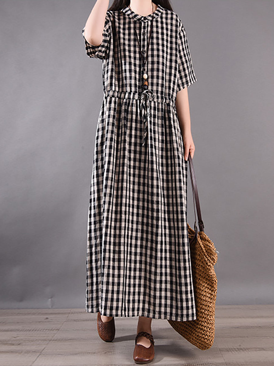 Women Summer Vintage Plaid Strap Linen Cotton Dress CV1036 Ada Fashion