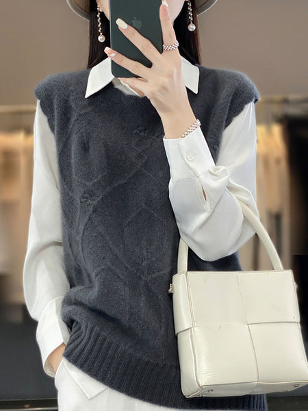 Women Casual Wool O-Neck Crochet Knit Vest AV1059 Genistyle Shop
