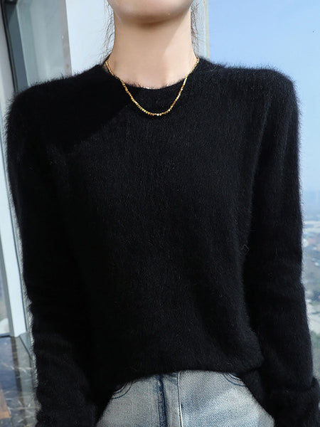 Women Autumn Casual O-Neck Soft 100%Wool Sweater QU030 BK