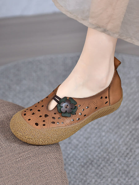 Leather Fashion Shoes Hollow Women Out Flower Flat FashionChic