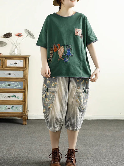 Women Summer Casual Cat Fish Spliced Cotton Shirt CV1038 Ada Fashion