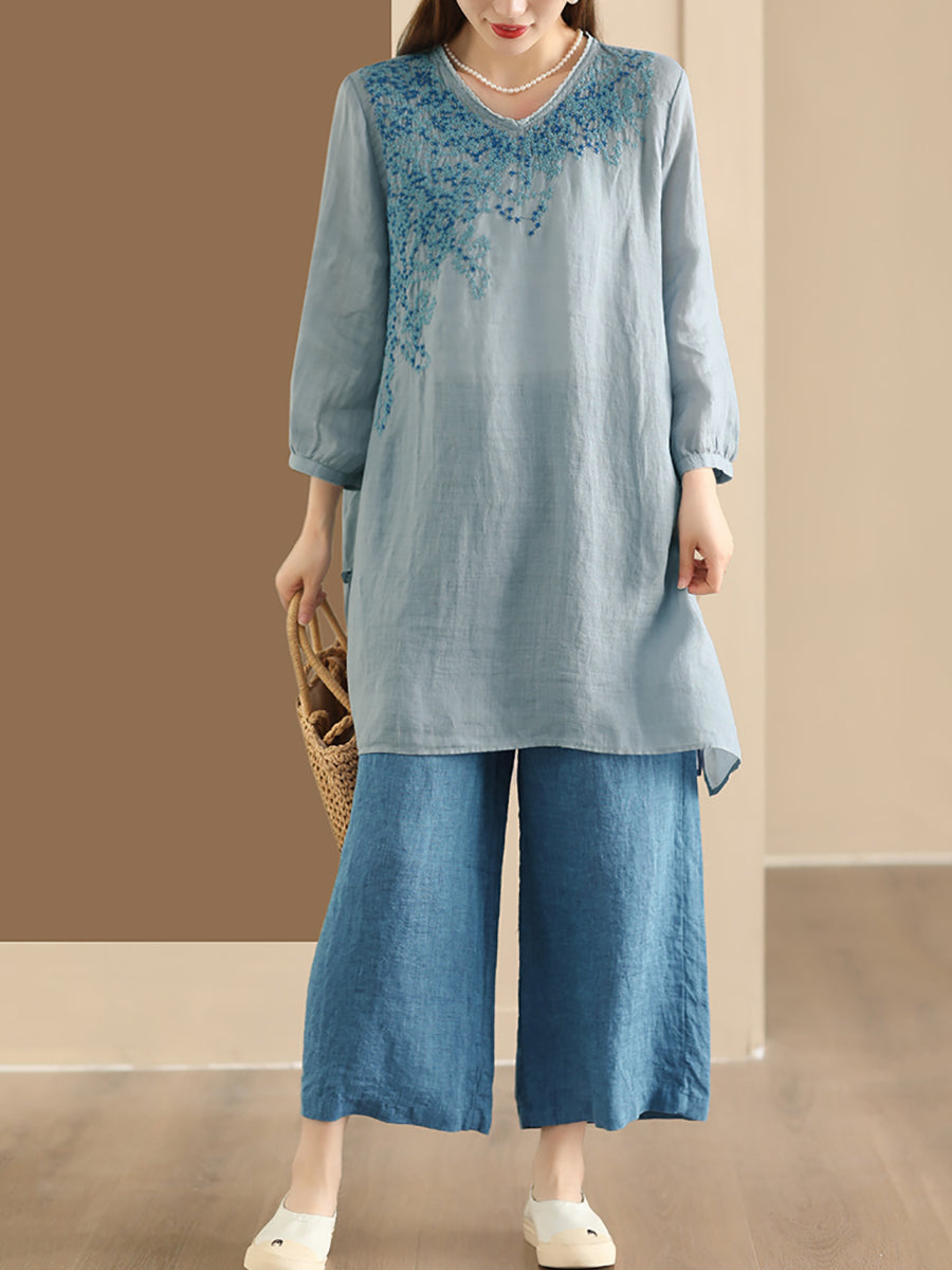 Women Summer Artsy Embroidery Ramie Long Shirt AS1022 Ada Fashion
